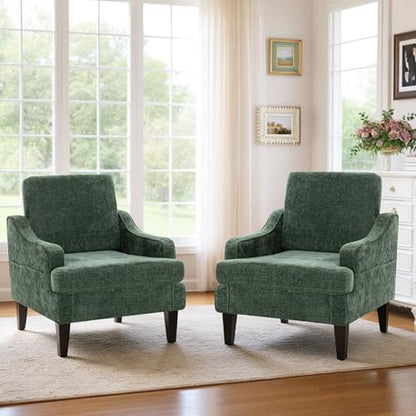 Set of 2 Accent Chair for Living Room,Mid-Century Arm Chair Chenille Fabric Living Room Chairs,Upholstered Reading Chair for Bedroom,Single Sofa Chair with Wood Legs for Apartment (Green) - color: Green