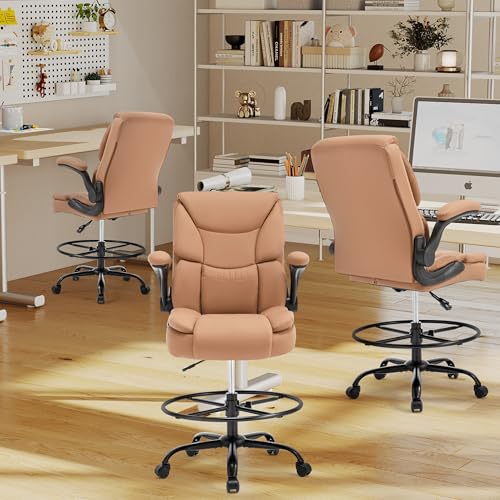 500LBS Drafting Chair, High Back Safer Standing Desk Chair, Executive Tall Office Chair with Flip-up Armrests, Upholstered PU Leather Task Chair, Ergonomic Seat with Adjustable Height&Foot Ring, Brown - color: Brown