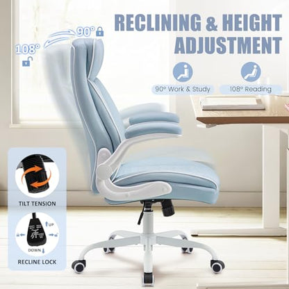 Executive Office Chair with High Back, Computer Desk Chair with Lumbar Support,Comfortable Leather Home Office Chairs 400lbs with Padded Flip-up Armrests, Adjustable Height,Tilting, LightBlue - color: Blue