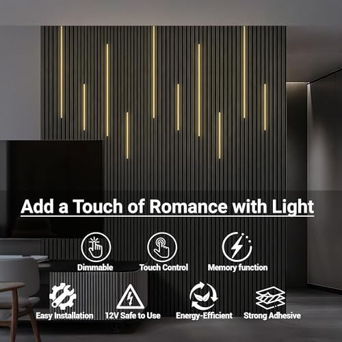 HAMRVL Black Wall Panel Lights - 10pcs 3000K Warm White Slat Wall Lights with Touch Control, Dimmable Self-Adhesive LED Recessed Lighting for Wood Slat Wall Panel, Media Wall, Bedroom, Living Room - size: 19.7in＋39.4in/10 Pack