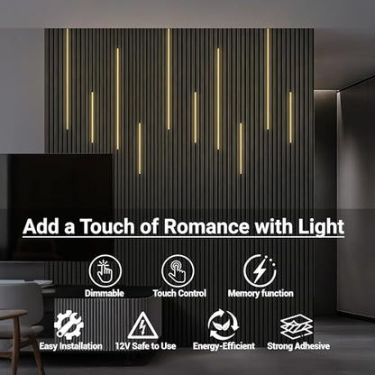 HAMRVL Black Wall Panel Lights - 10pcs 3000K Warm White Slat Wall Lights with Touch Control, Dimmable Self-Adhesive LED Recessed Lighting for Wood Slat Wall Panel, Media Wall, Bedroom, Living Room - size: 19.7in＋39.4in/10 Pack