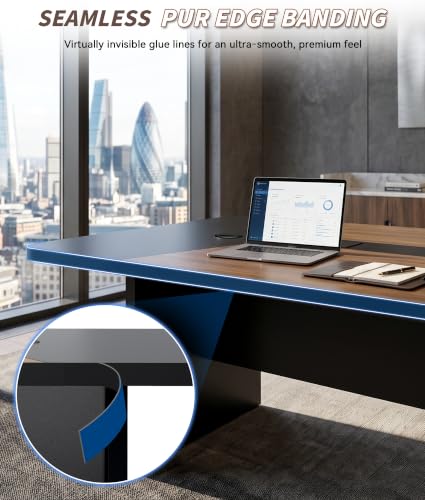 Ceridwen 8FT Conference Table, Rectangular Boardroom Table with Built-in Power & USB-C Ports, Heavy-Duty Meeting Table with Thick Tabletop & Trapezoid Legs for Office Conference Room - color: Walnut