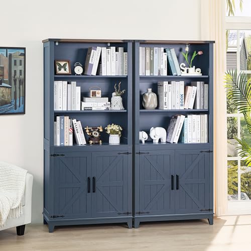Joaxswe 70in Tall Bookshelf 5 Tier Bookcase with Barn Doors and Adjustable Shelves, Blue Farmhouse Book Shelf with Storage Cabinet, Wood Freestanding Display Bookshelves for Bedroom, Kitchen (2PCS) - color: Blue, size: 2 Piece