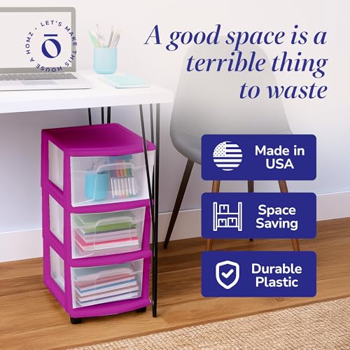 HOMZ Drawer Tower, 3-Tier Storage Cart with Removable Wheels, Purple Frame - color: Purple, size: 1 Pack