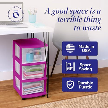 HOMZ Drawer Tower, 3-Tier Storage Cart with Removable Wheels, Purple Frame - color: Purple, size: 1 Pack