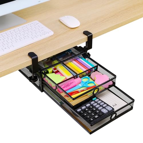 ROSYLINE Under Desk & Desktop Drawer Organizer, 2-Tier Big Capacity | Steel Construction, Clip-On No Drill Installation, Fits A4 Paper, for Office & Household Supplies - color: Black-2-Tier