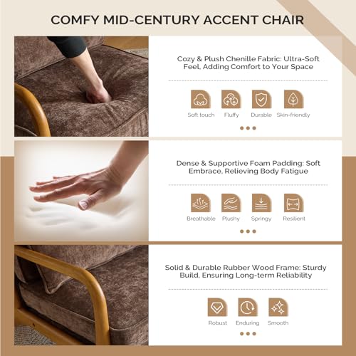 VINGLI Chenille Mid-Century Modern Accent Chair Set of 2, Cute Reading Arm Chair with Cushion & Lumbar Pillow & Solid Wood Frame for Lounge, Living Room, Reading Room, Bedroom, Espresso - color: Espresso