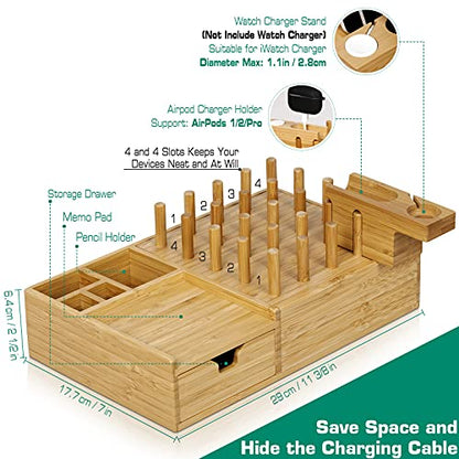 Bamboo Charging Station for Multiple Devices - Darfoo Wood Charging Dock Organizer with Drawer, 7 USB Charging Ports Compatible with Cell Phones, Tablet, Smart Watch & Earbud