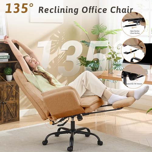 Wider Seat Office Chair with Flip Armrests for Criss Cross Legged&Cats, Big and Tall Executive Ergonomic Reclining Chair with Footrest&Lumbar Pillow, Teddy Fleece Desk Chair,Brown Vanity Chair - color: Brown