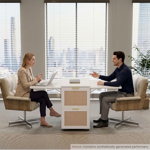 62.7" Folding Desk with 4 Drawer File Cabinet, Space-Saving Desk | Mobile Foldable Workstation for 2 Person, for Renters, Studio Dwellers, Built-in Power Outlets, Flip-top Hidden Storage