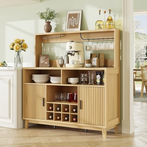 Fluted Buffet Cabinet with Storage, Modern Coffee Bar Cabinet, Natural - color: Wood Grain, size: Coffee Bar - 15.6"D x 47.2"W x 49.6"H