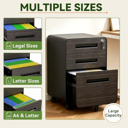 SAWJEC 3 Drawer Mobile File Cabinet with Lock, Fully Assembled, Black - color: 02l-black Brown