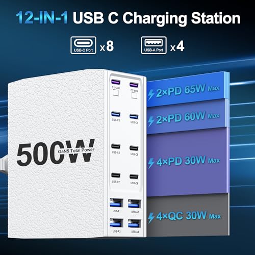500W USB C Charger Block, 12-Port USB C Charging Station for Multiple Devices, Leather Texture Dual PD 65W Laptop Fast Charger Compatible with MacBook Pro/Air, iPad, iPhone,Galaxy and More, White - color: White, size: 5 feet