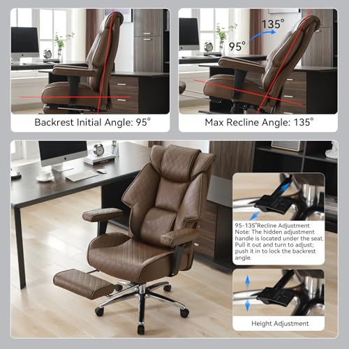 EXCEBET Big and Tall Office Chair with Footrest, PU Leather High Back Executive Office Chair 400lbs, Ergonomic Computer Chairs Lumbar Support for Heavy People (Brown) - color: Dark Brown