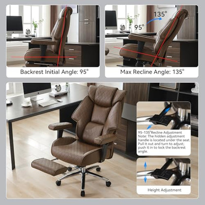 EXCEBET Big and Tall Office Chair with Footrest, PU Leather High Back Executive Office Chair 400lbs, Ergonomic Computer Chairs Lumbar Support for Heavy People (Brown) - color: Dark Brown