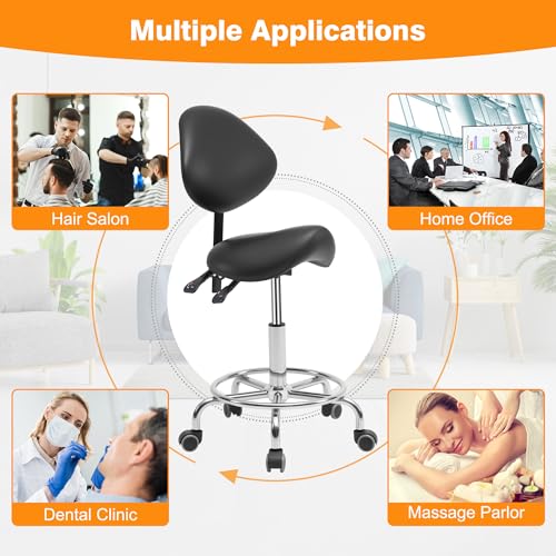 Saddle Stool Chair with Back Support and Wheels, Ergonomic Swivel Chair | Multi-functional Saddle Stool with Adjustable Height for Salon Dentist Clinic Tattoo Spa Saddle Rolling Stool Black