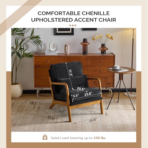 VINGLI Chenille Mid-Century Modern Accent Chair Set of 2, Cute Reading Arm Chair with Cushion & Lumbar Pillow & Solid Wood Frame for Lounge, Living Room, Reading Room, Bedroom, Black - color: Black