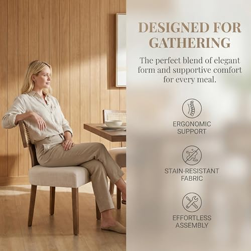 HNY Mid Century Modern Rattan Dining Chairs Set of 2, Linen Upholstered Kitchen & Dining Room Chairs with Ergonomic Curved Back, Solid Wood Frame, Farmhouse Accent Chairs for Home, Apartment, Beige - color: Beige Rattan