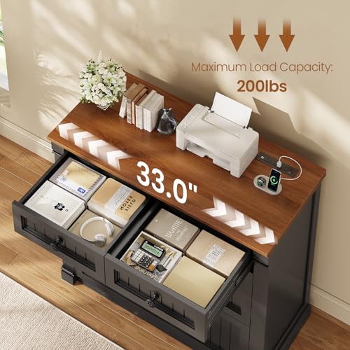 SEDETA 4 Drawers File Cabinet, 33" Farmhouse Filing Cabinets for Home Office fit Legal/Letter/A4 File, Wood Office File Cabinet with Power Outlets, Printer Stand with Storage, Black+Brown - color: Black+brown