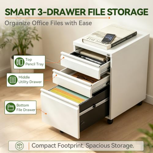 SAWJEC 3 Drawer Mobile File Cabinet Fully Assembled, White | 15"W x 17"D x 24"H, Fit Letter/Legal/A4, Vertical, Locking, Steel, Under Desk Storage, Filing Cabinet, Home Office - color: White, size: 24"H x 15"W x 17"D