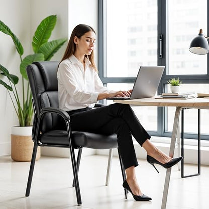 Simple Deluxe Office Guest Chair with Padded Arm Rest No Wheels, Waiting Room Reception Leather Stationary Chairs for Conference Room, Lobby, Home, Desk Table Side, Dining, 1 Pack Thickened Cushion - color: Black, size: 1 Pack Thickened Cushion