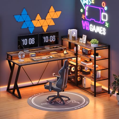 RALGEND L Shaped Gaming Desk with Bookshelf, 52'' Reversible Computer Desk with LED Light & Power Outlet, Corner Desk with Storage Shelves and Monitor Stand for Home Office, Rustic Brown