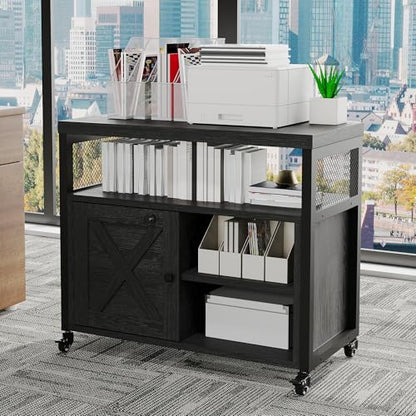 FUSUNBAO Farmhouse Printer Stand with Storage, Rolling Printer Cabinet with Shelves, Charge Station, Wheels, and File Cabinet for Home Office Storage (Black) - color: Black