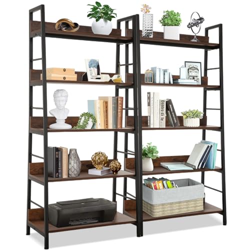 Industrial Bookshelf,Ladder Shelf 5 Tier Large Bookcases Floor Freestanding Storage Rack Leaning Book Shelves,Plants Flower Stands with Metal Frame for Living Room, Home Office, Rustic Brown,2Packs - color: Brown, size: Large-2pcs