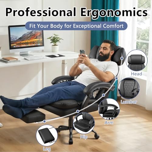 Office Chair with Foot Rest 400lbs, High Back Leather Office Chair Big and Tall, Heavy Duty Ergonomic Executive Desk Chair for Home Office, Black - color: Black