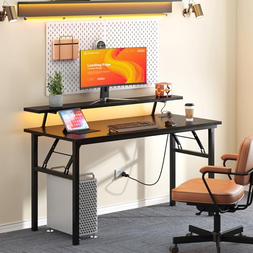 DlandHome 47" Computer Desk with Power Outlets & LED Lights, Black, Bedroom - color: Black + Black, size: 47 Inches + Outlets