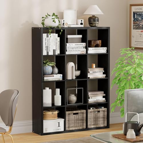 12-Cube Storage Organizer, Wooden Cube Shelf Bookcase with Reinforced Thick Shelves, Heavy-Duty 36.93" L x 9.37" W x 48.82" H, for Living Room Bedroom Home Office, Black - color: Black, size: 12 Cube-36.93" L x 9.37" D x 48.82" H