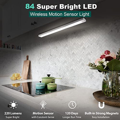 BLS 84 LED Closet Lights - Battery Powered, Super Bright Under Cabinet Lighting with Motion Sensor, Wireless, 3200mah Rechargeable Battery, 120 Days Run Time - color: 5500K Daylight White-17 inches-1 Pack