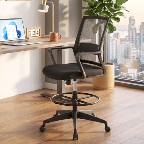 BestOffice Drafting Chair Tall Office Chair Adjustable Swivel Rolling Mesh Height with Lumbar Support Arms Footrest Mid Back for Adults Standing Desk Drafting Stool(Dark Black) - color: Dark Black