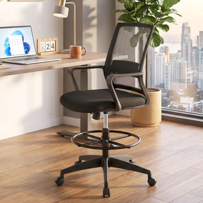BestOffice Drafting Chair Tall Office Chair Adjustable Swivel Rolling Mesh Height with Lumbar Support Arms Footrest Mid Back for Adults Standing Desk Drafting Stool(Dark Black) - color: Dark Black