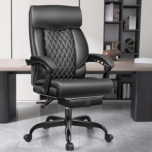 Office Chair, Big and Tall Office Desk Chair, Reclining Office Chair with Footrest Home Office Desk Chairs, High Back Ergonomic with Lumbar Support, Executive Leather - color: Matte Black, style: With Footrest