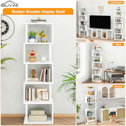 IBUYKE 6-Tier Tall Bookshelf,S-Shaped Geometric Bookcase,White WBC016W - color: White, size: 6 Tier