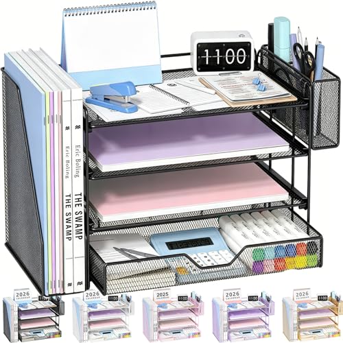 Desk Organizers and Accessories, 4-Tier Desktop File Organizer with Drawer and Pen Holders, Office Desk Accessories Workspace Organizers for Office Supplies (Soft Black) - color: Soft Black, size: 4T