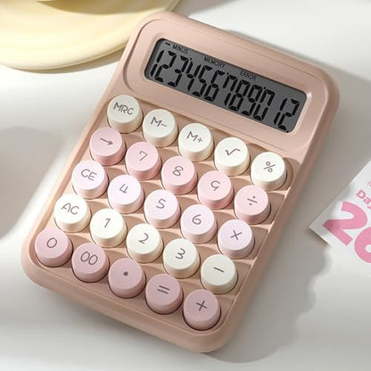 Mechanical Switch Calculator with 12 Digits Large LCD Display, Basic Calculator with Big Button Anti-Slip Pad, Accurate Calculation for Office Desk Home School - Latte