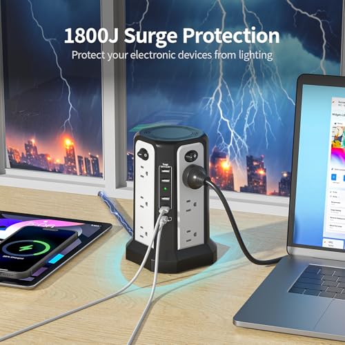 Surge Protector Power Strip Tower 10FT with PD18W USB C Port | Extension Cord with 12 AC Multiple Outlets, Charging Tower with 5 USB, Overload Protection for Home Office, Black White - style: Black White-4A1C