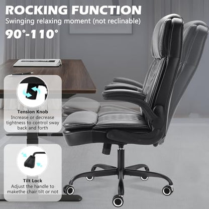 450LBS Big and Tall Executive Office Chair with Flip up Arm, Heavy Duty PU Leather Computer Desk Chair,Comfortable High Back Swivel Home Office Chair with Rolling for Adults,Spring Cushion,Metal Base - color: Black