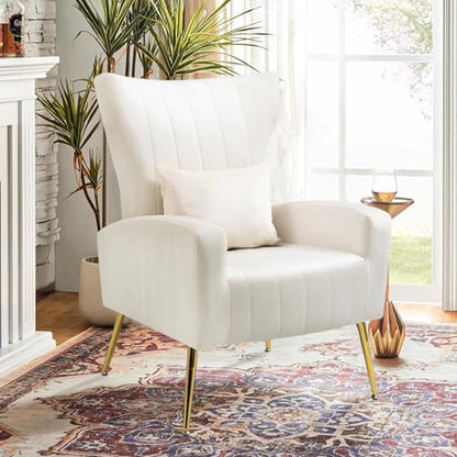 Velvet Accent Chairs Set of 2, Modern Living Room Chair with Gold Legs & Pillow, Bedroom Side Chair with High Wingback, White - color: White, size: 2PCS with Channel Tufted