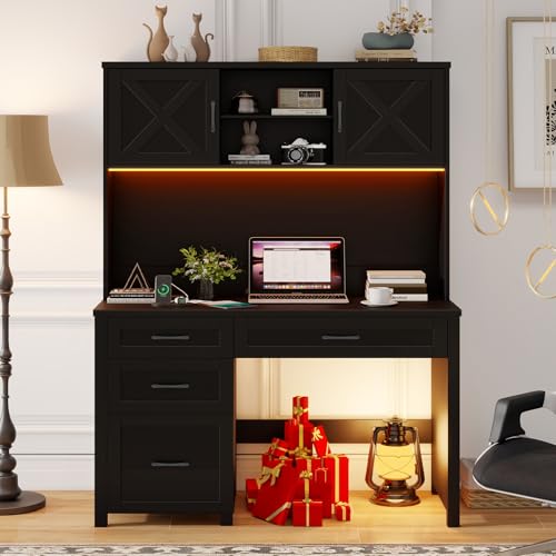 Halitaa Farmhouse 67" H Executive Desk with Hutch & Drawers, Black | Office Desk with LED Light, Wood Workstation for Home Office and Study, Computer Desk with File Drawers, Charging Station. - color: Pure Black, size: Left Cabinet 4-Drawer