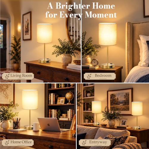 Lynnoland Set of 2 Touch Control Table Lamps, 3-Way Dimmable Bedside Nightstand Lamps for Bedroom Living Room Nursery, 800 Lumens 3000K Warmlight Bulbs Included, Coarse Linen - color: Natural Beige & Brushed Gold