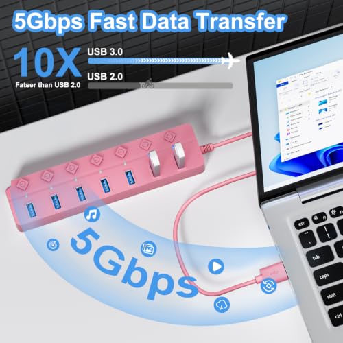 USB Hub 7 Port, USB Splitter with Individual On/Off Switches and Lights - color: Pink