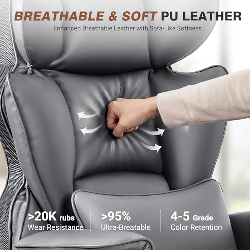 ALLGOD Big and Tall Office Chair 400LBS, Executive Ergonomic Leather Chair with Footrest, Wide Seat Gaming Office Chair with Pocket Spring Cushion, Reclining High Back Computer Desk Chair, Grey - color: Grey, size: 1 Pack