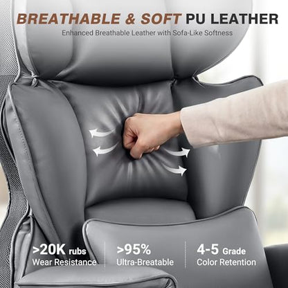 ALLGOD Big and Tall Office Chair 400LBS, Executive Ergonomic Leather Chair with Footrest, Wide Seat Gaming Office Chair with Pocket Spring Cushion, Reclining High Back Computer Desk Chair, Grey - color: Grey, size: 1 Pack