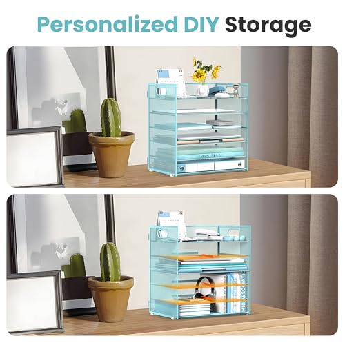 Daltack 6-Tier Paper Organizer for Desk with Handle, Blue | Sturdy Metal Mesh Organizer with Movable Middle Trays and a Carry Handle for Papers, Folders and Office Supplies - color: Blue