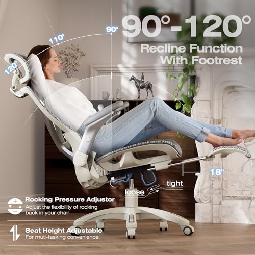 ELABEST X100 Ergonomic Mesh Office Chair with Footrest, Big and Tall Home Desk Chair with 5D Flip-Up Arms, Adjustable 3D Lumbar Support, Gaming & Executive Computer Chair (First Light) - color: First Light