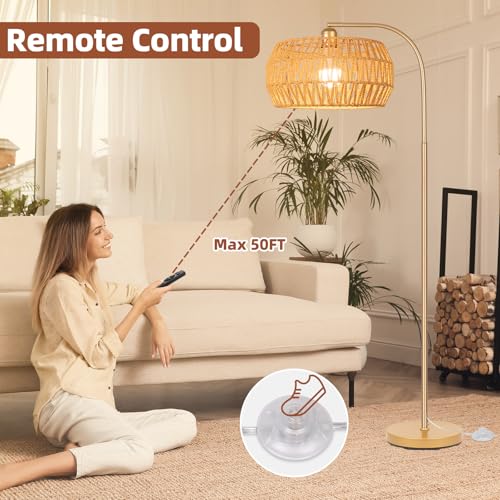 Brilvibera Boho Gold Farmhouse Floor Lamp- Rattan Lamp with Remote and Bulb | Mid Century Modern Rattan Floor Lamp with 2 in 1 Lampshades, Bohemian Gold Tall Lamp for Living Room, Office, Classroom - style: Drum-Gold
