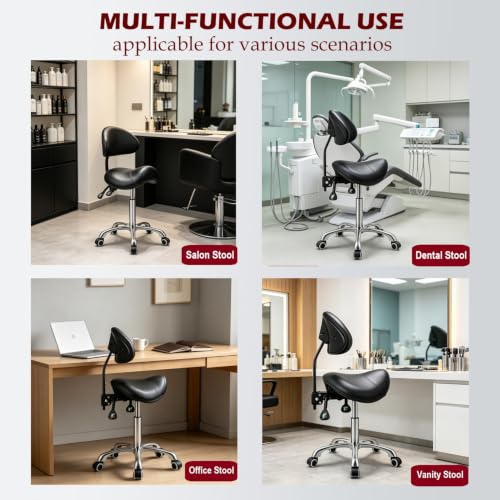 Kaleurrier Saddle Stool with Back Support,Rolling Saddle Chair for Salon - color: Black, style: With Back